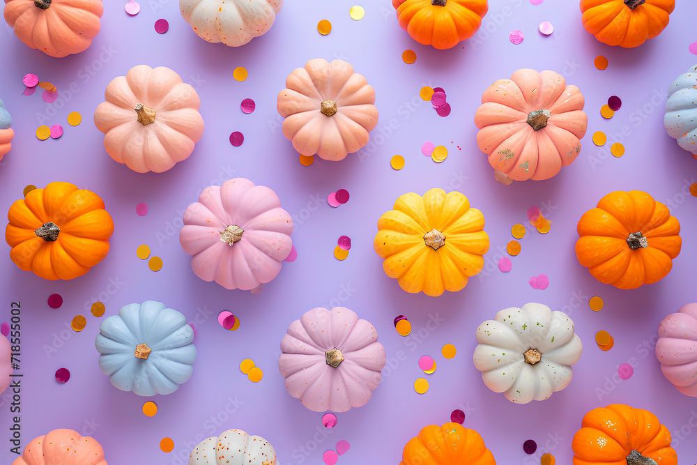 Flat lay of a small pastel color pumpkins pattern with confetti on a pastel purple background, creating a whimsical and festive scene. Halloween concept Flat lay of a small pastel color pumpkins pattern with confetti on a pastel purple background, creating a whimsical and festive scene. Halloween concept