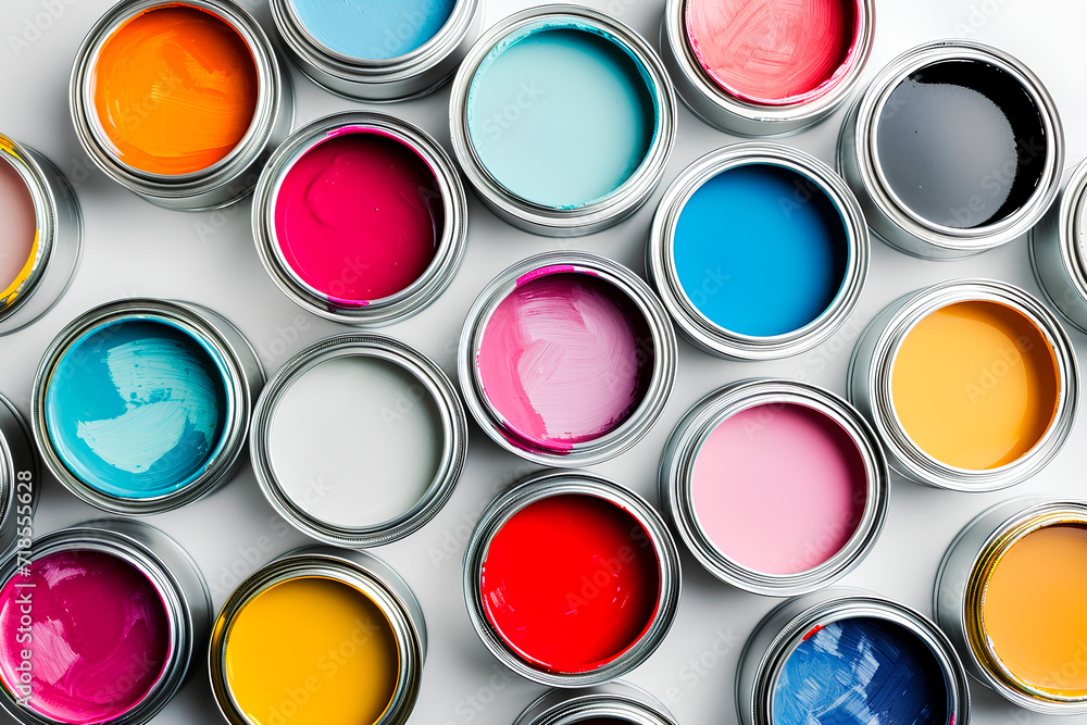 Capture a top view of open paint cans in neutral colors on a light background, creating a minimalist and clean aesthetic. Capture a top view of open paint cans in neutral colors on a light background, creating a minimalist and clean aesthetic.