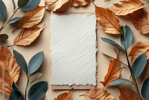 Post paper Card Mockup  Wedding Invitation card Mockup Flat lay Photography against the dried plant and white flowers 