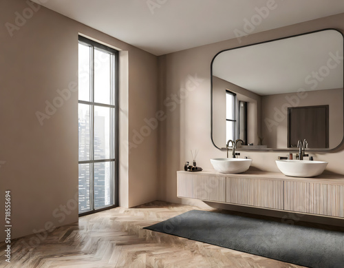 Beige bathroom interior with double sink and mirror  carpet on hardwood floor. Bathing acces. Generative AI.