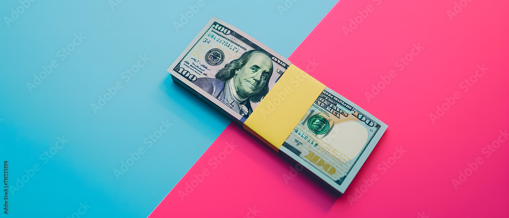 Stack of One Hundred Dollar Bills on Pink and Blue Background Stack of One Hundred Dollar Bills on Pink and Blue Background