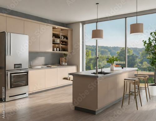 Beige home kitchen interior with bar island  fridge and shelves with kitchenware. Generative AI.