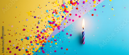 Birthday Candle With Confetti on Blue and Yellow Background
