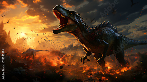 Dinosaurs fleeing to remind themselves of the collision between the planet and Earth  like the movie Juraga Park.