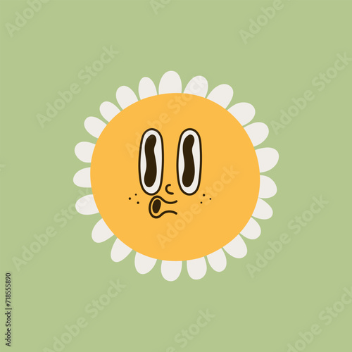 Collection of magnificent chamomile flowers. Retro daisy smiles in cartoon style. Set of happy 70s stickers. Vector graphic illustration in hippe style.