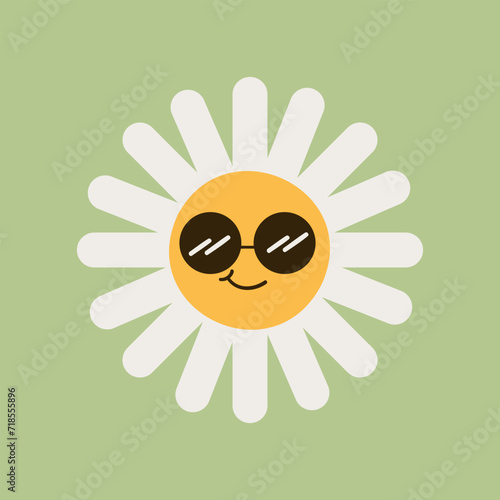 Collection of magnificent chamomile flowers. Retro daisy smiles in cartoon style. Set of happy 70s stickers. Vector graphic illustration in hippe style.