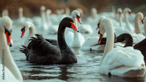 Black swan among white swans. the concept of uniqueness and unexpectedness. philosophical phenomenon. Generative AI photo