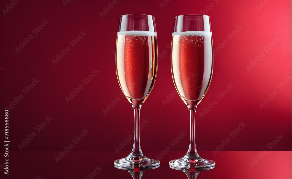 Two champagne glasses on a simple red background, Valentine's Day, Christmas. Generative AI