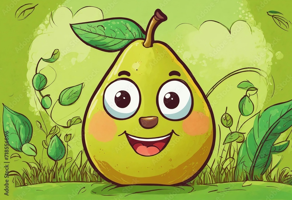 Drawing of a funny and cheerful green pear with big eyes and mouth, with a green leaf, in cartoon style for children, on a green blurred background, close up Drawing of a funny and cheerful green pear with big eyes and mouth, with a green leaf, in cartoon style for children, on a green blurred background, close up