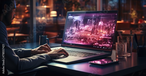 person working on laptop in cafe