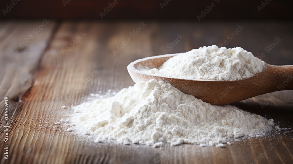 A heap of flour in wooden spoon on a table. A heap of flour in wooden spoon on a table.
