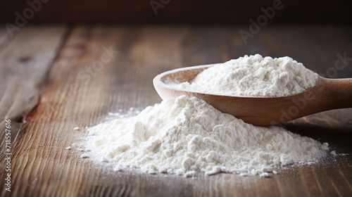 A heap of flour in wooden spoon on a table.