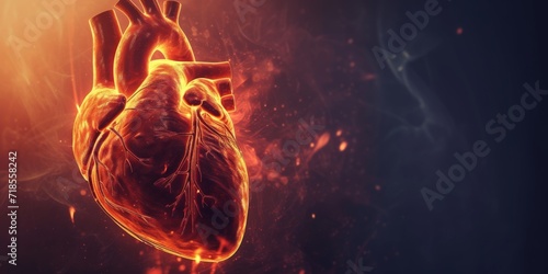 Digital illustration of a human heart glowing with an intense fiery light, set against a dark, moody background, evoking a sense of life and vitality. #718558242