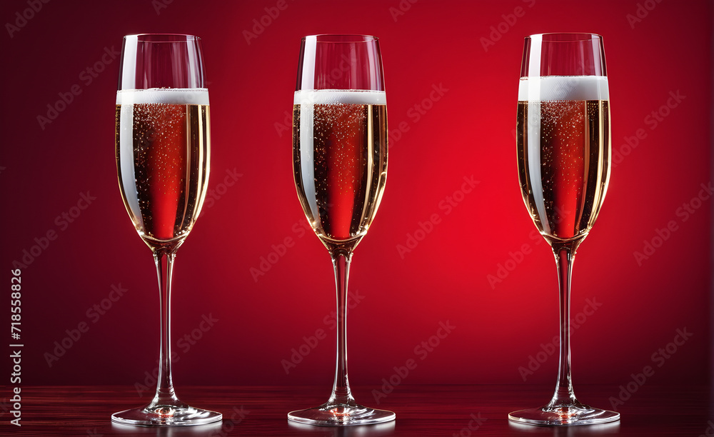 Three champagne glasses on a simple red background, Valentine's Day, Christmas. Generative AI