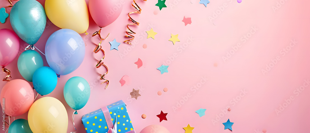 Colorful Balloons and Streamers on a Pink Wall