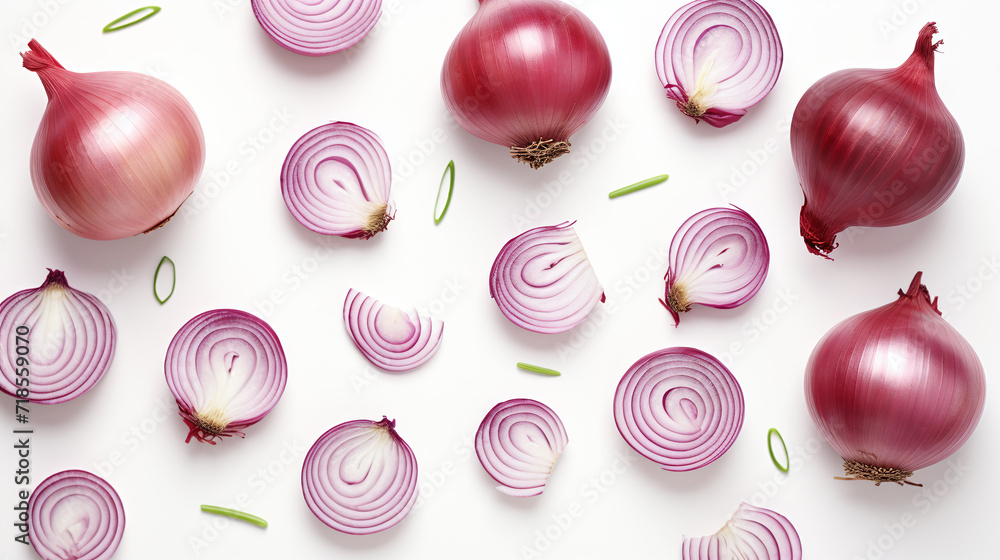 Fresh red onion and cut in various size isolated on white background - obrazy, fototapety, plakaty 
