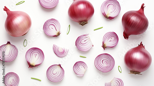 Fresh red onion and cut in various size isolated on white background photo