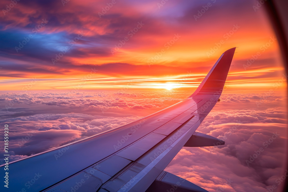 Wing of an airplane flying above the clouds at sunset or sunrise view from the window. Travel content. Wing of an airplane flying above the clouds at sunset or sunrise view from the window. Travel content.