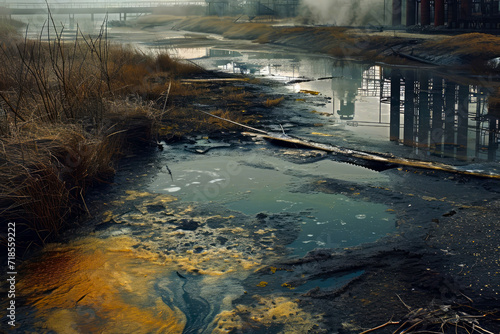 Visual depiction of chemical spills affecting the natural environment  highlighting the consequences of industrial accidents. Contaminated landscapes illustrating impacts on ecosystems.