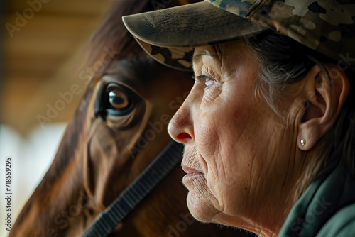 Veterans engaging in equine-assisted therapy, showcasing the therapeutic benefits of interacting with horses in a controlled environment.