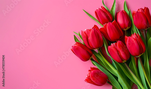 Bouquet of red tulips on pink background with copy space