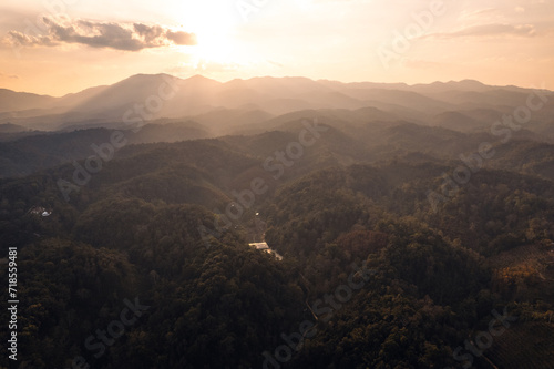 View of mountains and trees in the evening,in the summer