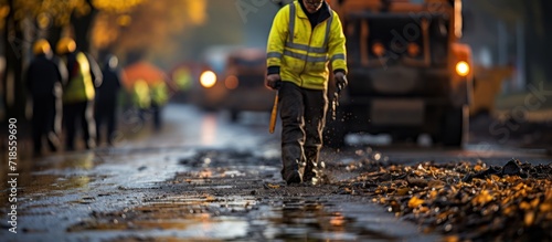 Valokuva new asphalt road pavement construction, construction worker with road constructi