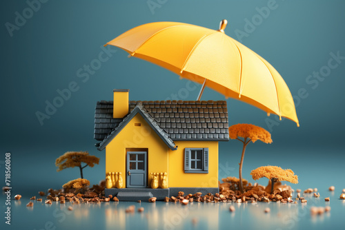 Real estate mortgage protection security safety business investment, home insurance residential home concept. Close-up house under yellow umbrella on blue studio background. Copy paste place for text