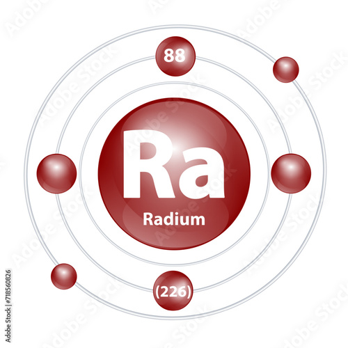 Icon Radium (Ra) structure chemical element round shape circle dark brown with surround ring. 3D Illustration vector. Period number shows of energy levels of electron. Study science for education.