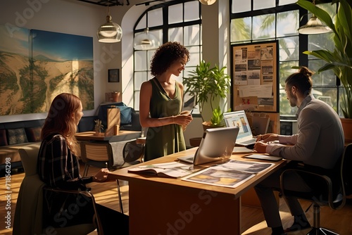 A travel agent assisting customers with vacation plans in a stylish office.