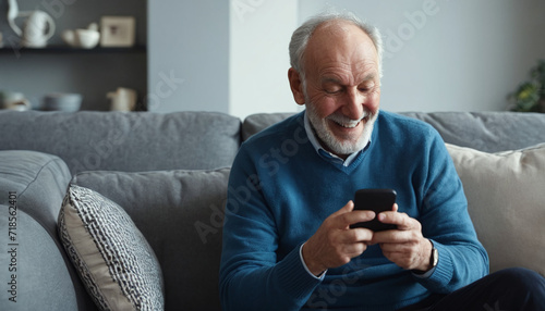Happy older man checking social media holding smartphone sitting on a sofa at home.