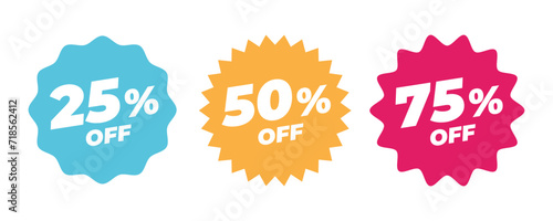 Discounts label starting from 25, 50, 75 percent off. Trendy colorful sales promotion banner element. Vector illustration