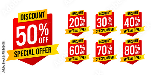 Special offer discounts label starting from 20, 30, 40, 50, 60, 70, 80 percent off. Trendy red and yellow color sales promotion banner element. Vector illustration photo