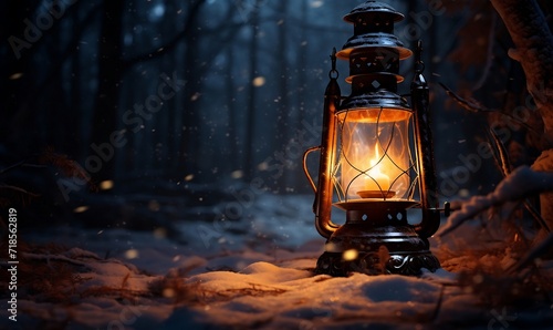 Old rusty kerosene lamp in the winter forest. photo