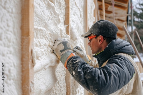 The worker insulates the wall of the house with foam.