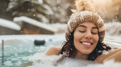 Smiling woman with knitted hat relaxing in outdoor hot tub at snowy winter. photo