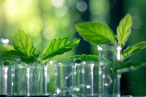Biotechnology concept with green plant leaves, laboratory glassware, and conducting research