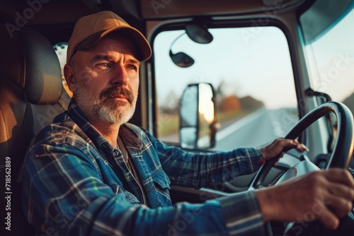 Professional middle aged truck driver in casual clothes driving truck vehicle going for a long transportation route. © kardaska