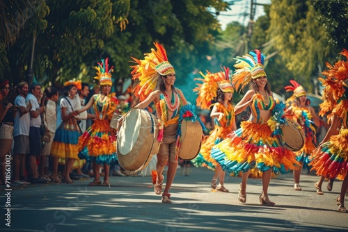 Cultural festivity colorful street parade with traditional dancers and musicians.