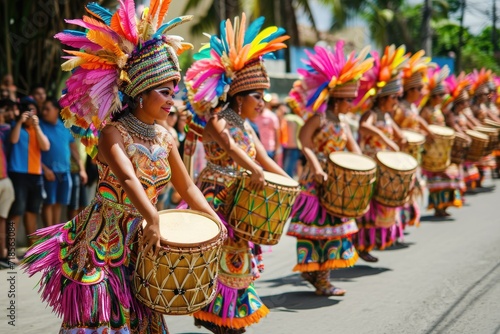 Cultural festivity colorful street parade with traditional dancers and musicians.