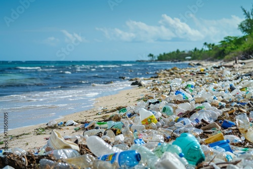 Beach full of garbage and plastic waste for environmental and recycle concepts.