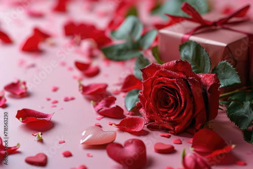 Gift box with red ribbon and rose on pink background  concept of Valentine s  anniversary  copyspace  top view.