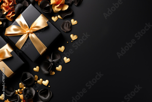 Gift box with ribbon and rose on black background, concept of Valentine's, anniversary, copyspace, top view.
