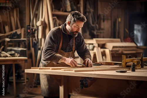 A carpenter skillfully crafting furniture in a well-equipped workshop.
