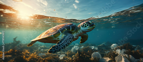 Sea turtles swimming in ocean littered with plastic waste  Plastic pollution in ocean environmental problem