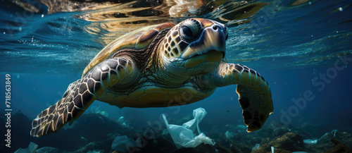 Sea turtles swimming in ocean littered with plastic waste, Plastic pollution in ocean environmental problem © Onanong