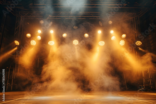 Stage lights and smoke on a dark background. The stage is illuminated by spotlights.