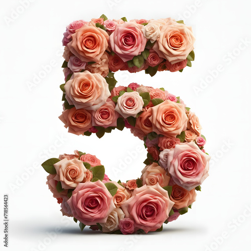 The Number 5 is made out of rose flowers, the Rose Numbers, and Valentine Designs, on a White background, isolated on white, photorealistic