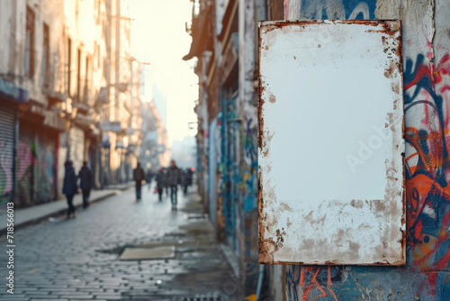 Blank weathered wood signboard hang on old wall in the town street. © wildarun