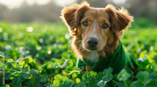 Dog on green background for St. Patrick's Day Festivities. photo